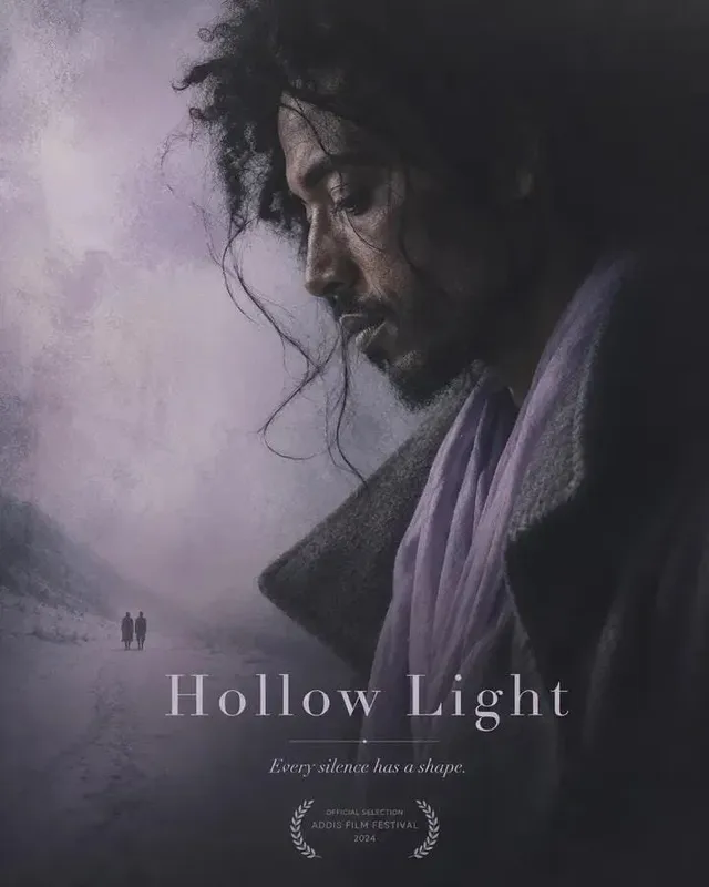 Minimalist art-house movie poster, side profile portrait partially in shadow, abstract light, matte gradient background, cinematic grain, title 'TITLE' and laurel emblem.