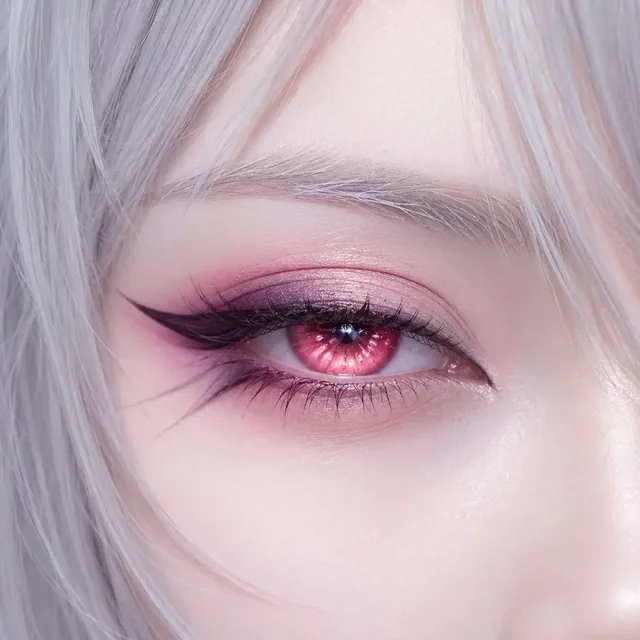 Extreme close-up of a single eye with detailed pink and purple eyeshadow, sharp winged eyeliner, and a striking pupil with highlights.
