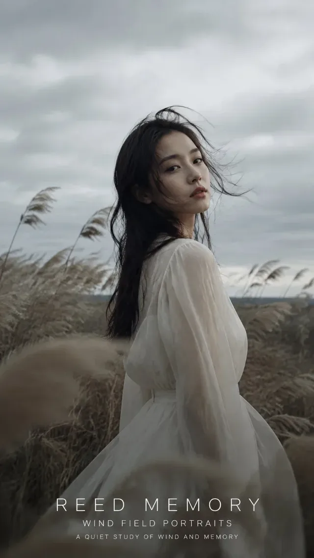 A young East Asian woman in a dark green dress stands in a windswept reed field under an overcast sky, her hair and the reeds blowing in the strong wind. The mood is quiet and distant, with muted colors and film grain.