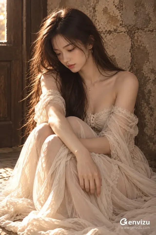 A vertical portrait of a young East Asian woman with loose dark hair in a pale lace dress, sitting quietly by a weathered window and stone wall in warm golden afternoon light.