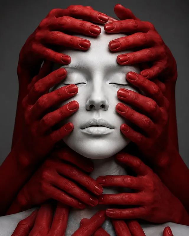 Ultra-realistic 3D render of a matte porcelain white female face with closed eyes, surrounded and covered by numerous vivid crimson red human hands, against a monochromatic gray gradient background.