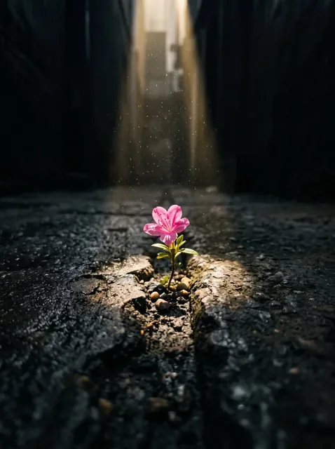 A tiny, bright pink flower emerges from a crack in a dark, wet concrete floor, illuminated by a single, dramatic shaft of golden sunlight.
