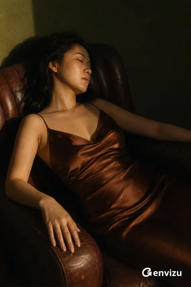Vertical cinematic fine-art portrait of an adult East Asian woman reclining on a rust-brown leather chair, eyes closed, bathed in warm directional light, wearing a copper-chocolate satin slip dress.