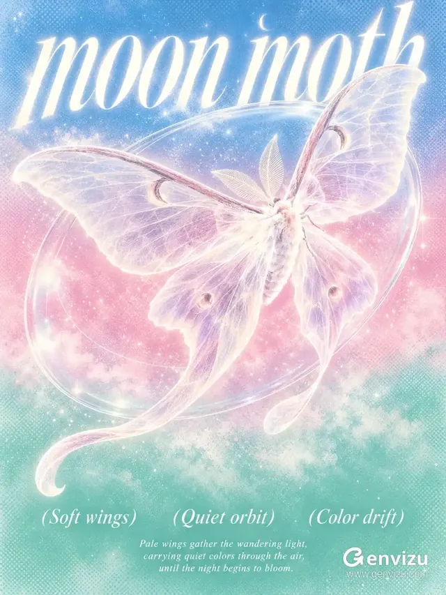 Experimental poster featuring a glowing translucent moon moth with X-ray wings against a gradient sky of blue, pink, and mint green with typography.