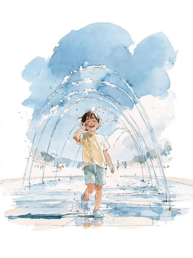 A young Korean boy, soaked and grinning, walks out of a fountain's arching water jets at Gwanghwamun Plaza, rendered in a minimalist watercolor style with delicate ink lines and translucent washes.