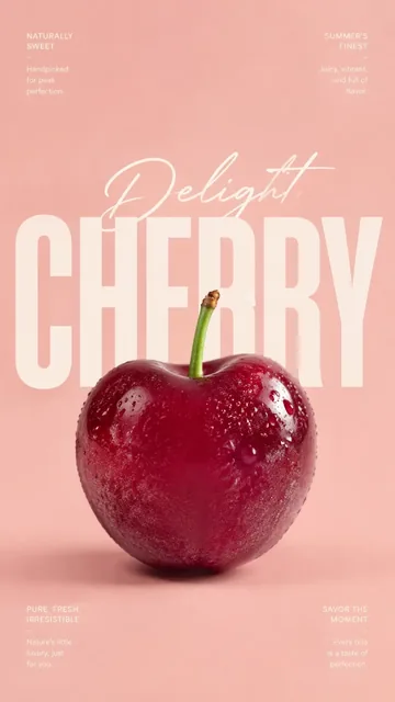 A single, perfect dark red cherry with water droplets, set against a soft peach gradient background, with bold white text 'CHERRY' and delicate script 'Delight'.