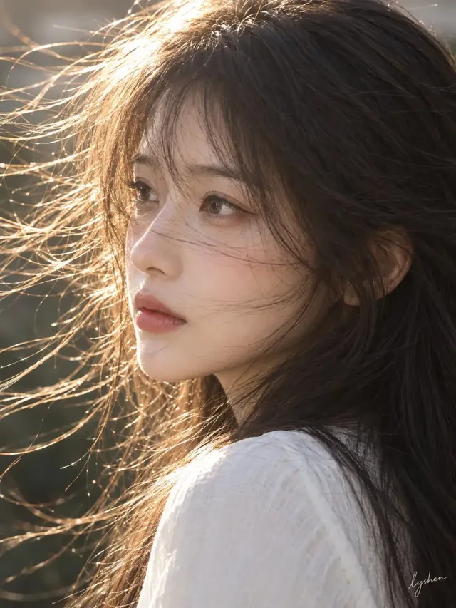 A close-up vertical photographic portrait of an East Asian woman with dark hair, illuminated by strong warm backlighting from the upper left against a dark blurred background.