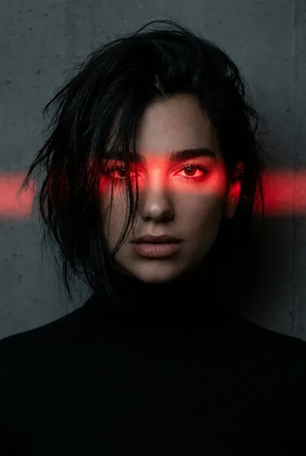 Dramatic portrait of Dua Lipa with messy hair, black turtleneck, and intense stare, lit by sharp horizontal red light.