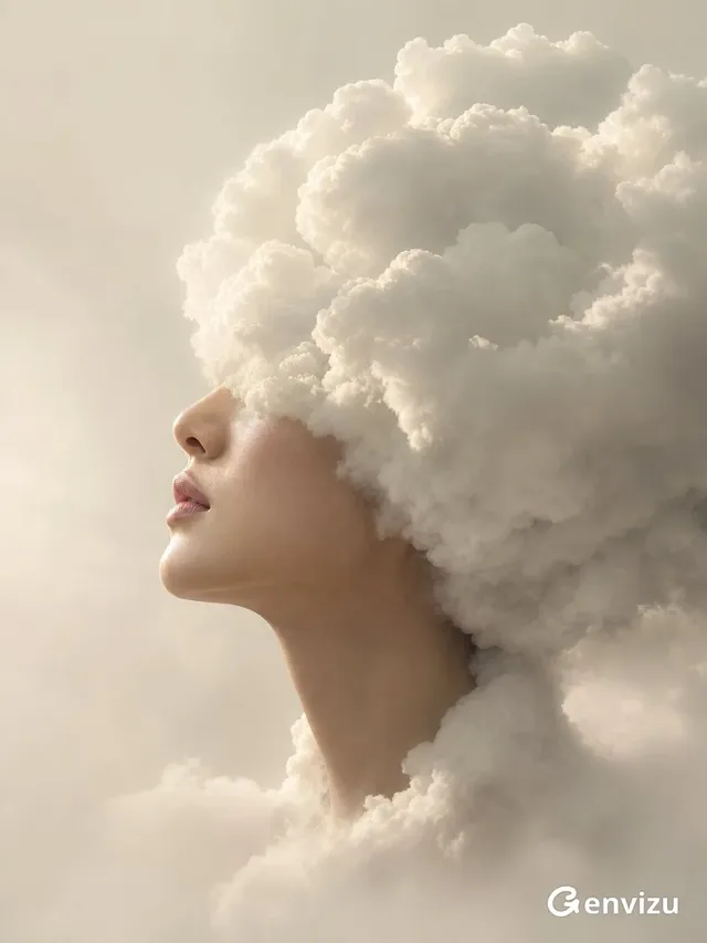 Photorealistic fine-art portrait of an East Asian woman's profile, her face partially obscured by dense, soft white cumulus clouds, against a minimal warm studio background.
