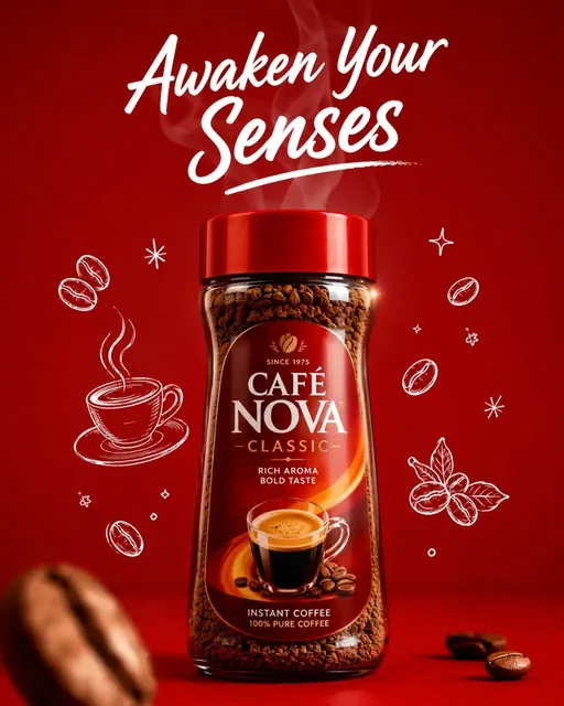 Advertising poster for a coffee jar, centered on a red background with white doodle icons and steam.