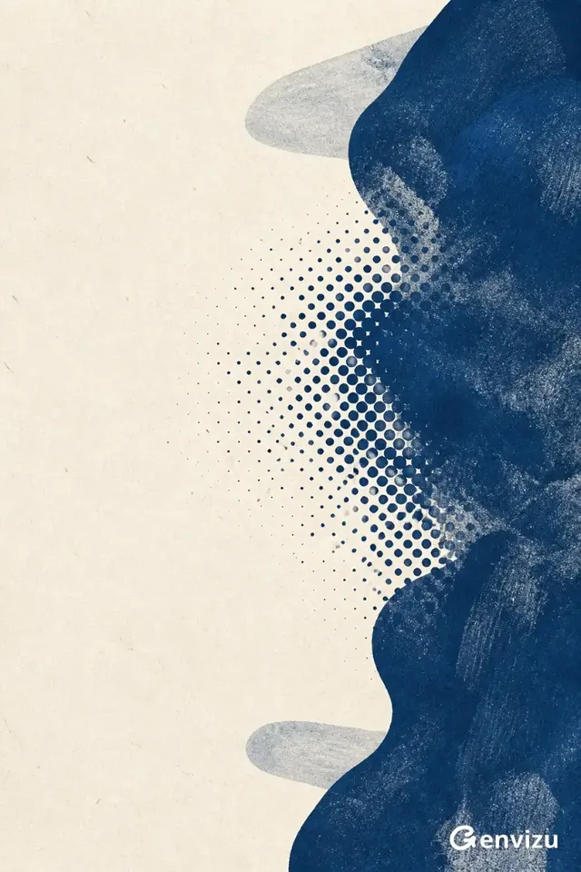 Vertical abstract art print with a large, textured ivory white area on the left and a flowing, organic shape of deep cobalt blue on the right, with subtle grey-blue elements.