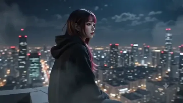 Anime-inspired young woman with pink-streaked black hair on a rooftop overlooking a neon city at night.
