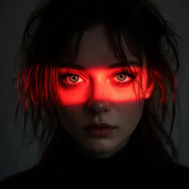 Ultra-realistic cinematic close-up portrait of a young woman with pale skin and intense light-colored eyes, a horizontal red neon light beam across her eyes, dark hair, and a moody