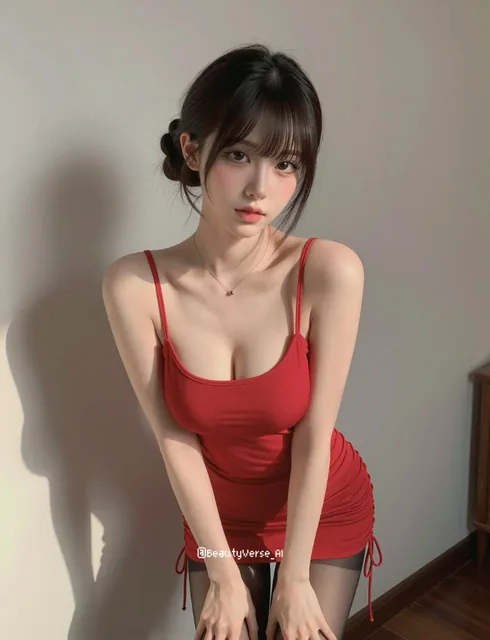 Close-up portrait of a beautiful Japanese woman with bangs, wearing a red spaghetti-strap mini dress, black tights, and a necklace, with warm lighting.
