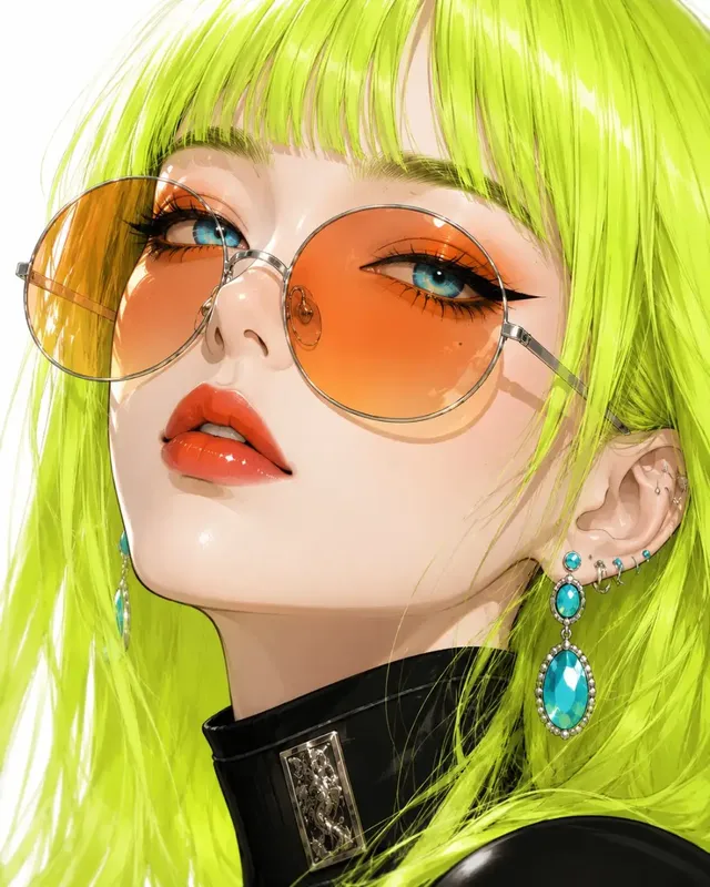 Ultra-detailed anime beauty portrait of a fashionable young woman with electric neon-lime hair, aqua eyes, winged eyeliner, and orange gradient sunglasses against a white background.