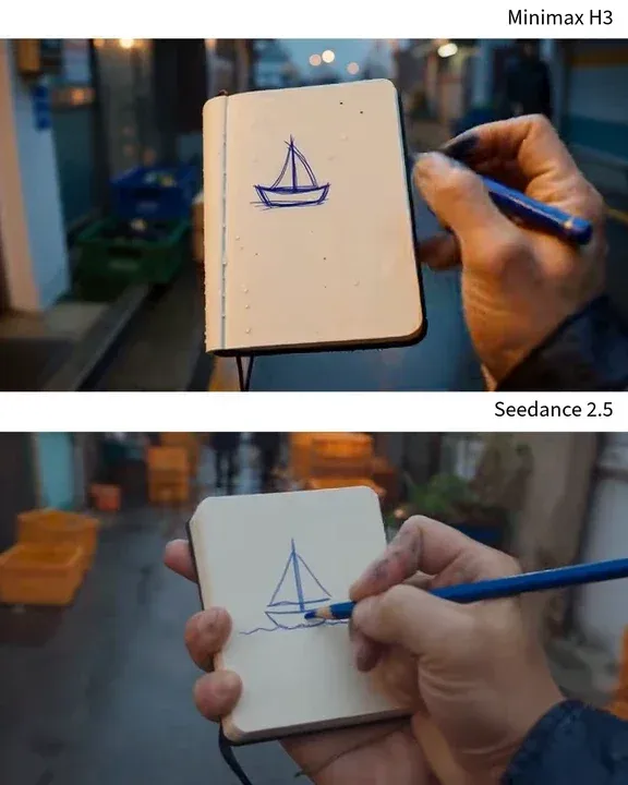 Side-by-side comparison of AI-generated art in a hand-drawn style, created by Seedance 2.5 and Minimax H3 models.