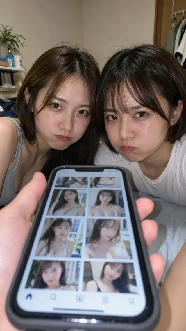 First-person view of a smartphone screen held up, with two women leaning in from behind, one on the left with semi-long hair and a fox-like face, the other on the right with bobbed hair and a raccoon-like face. Both women have pouty, slightly jealous expressions.