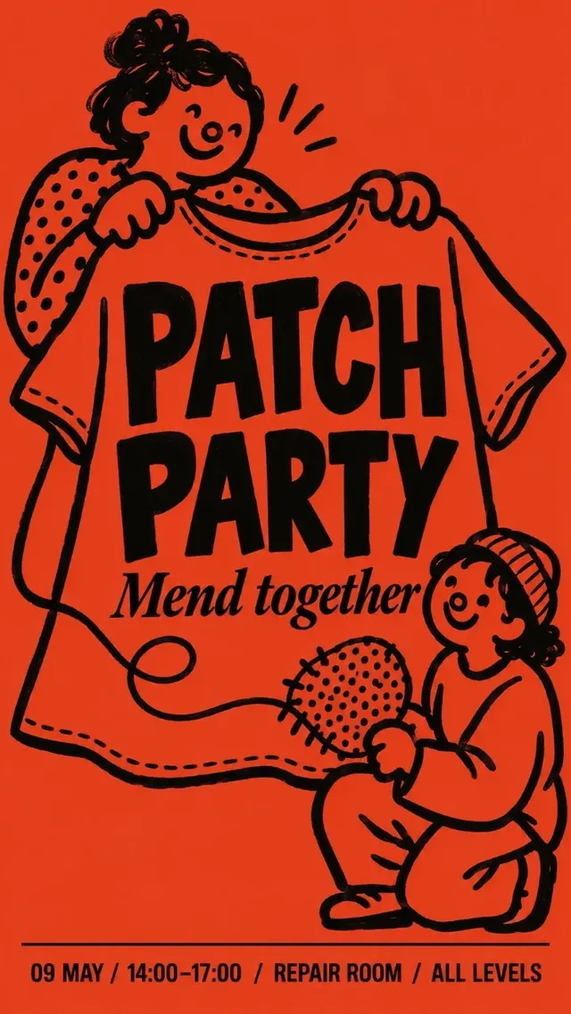A community event poster featuring playful minimalist characters in a two-ink vermilion and near-black color palette.