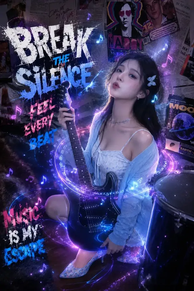 A realistic portrait of a woman with long black hair, wearing a blue flower clip, a light blue cardigan, and a white lace dress. She holds a white electric guitar. The background is a dark collage of old newspapers and music posters, with glowing blue and purple magical effects, and large white "LOST IN THE MUSIC" text in a distressed font.