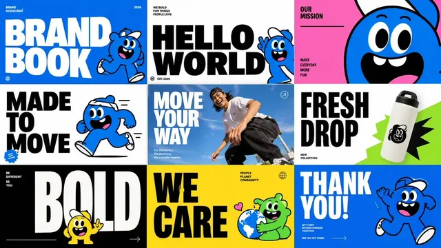 Collage of graphic design layouts featuring bold text, blue cartoon characters, and vibrant color blocks.