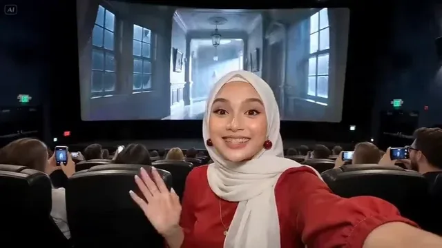 A woman in a white hijab films a selfie video inside a dark, crowded luxury cinema as a jump scare occurs on screen, with audience members reacting around her.