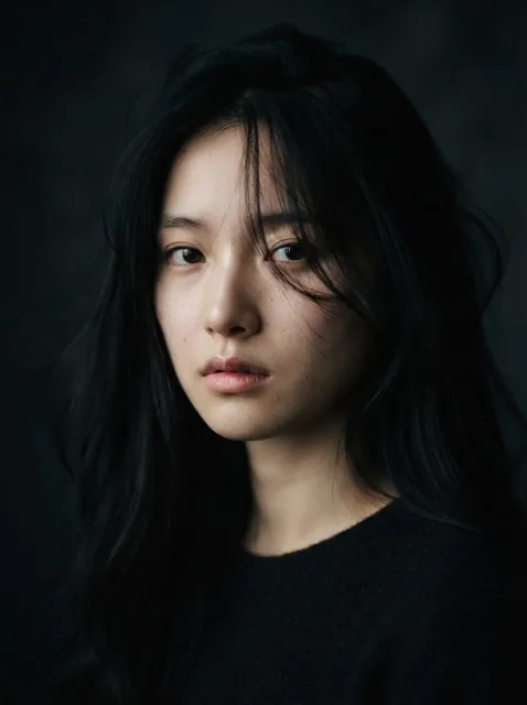 Cinematic close-up portrait of a young East Asian woman with messy hair and a melancholic expression, lit with dramatic low-key lighting.