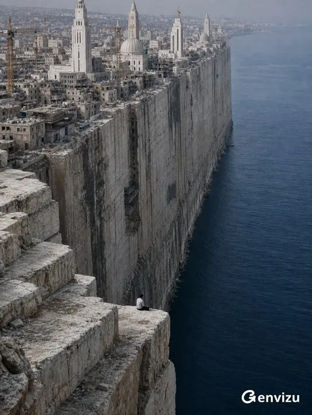 A vast, detailed city built on the edge of a sheer, impossibly tall stone cliff overlooking a calm, dark sea. A single person sits on a ledge, dwarfed by the immense scale of the city and cliff.