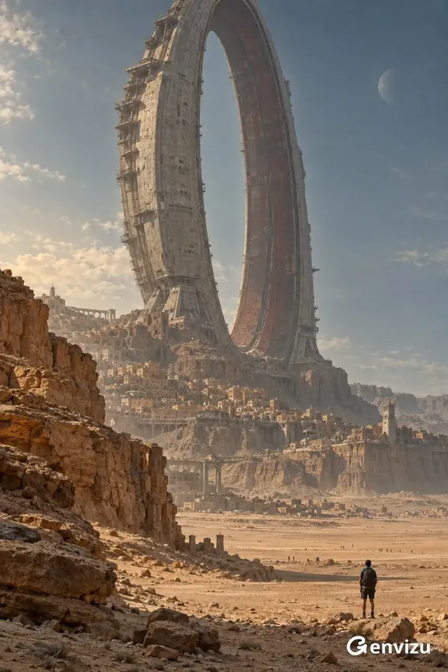 A 2:3 vertical sci-fi environment art piece featuring a vast desert with a weathered cliff and a densely packed settlement. A colossal, eccentric elliptical ring structure dominates the sky, with a lone traveler in the foreground. The scene has a retro film tone with realistic textures and a sense of immense scale, desolation, and awe.