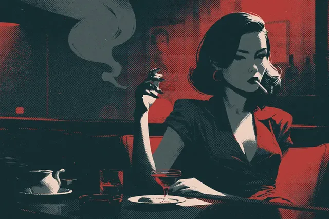 Halftone film noir illustration with high contrast and a moody color palette, focusing on the subject.