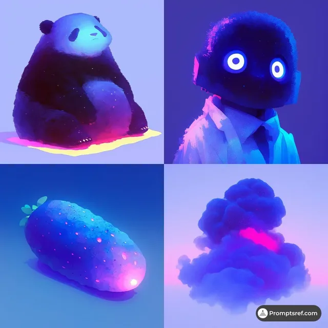 A soft neon world with blue-purple gradients and glowing pink edges, evoking a calm, retro-futuristic mood reminiscent of vaporwave and 90s sci-fi.