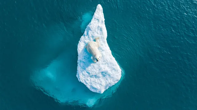 Top-down aerial view of a polar bear standing on a bright blue iceberg, looking up towards the camera.