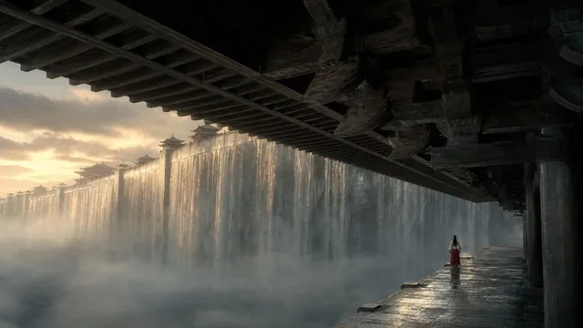 View from under dark palace eaves looking out at a vast waterfall of white city walls, with a small figure of a woman in red and white standing on a wet stone platform in the lower right.