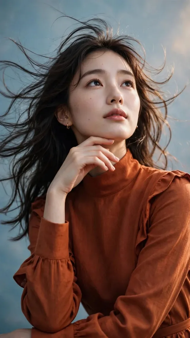 Medium-shot portrait of a young East Asian woman with dark, wind-blown hair, wearing a rust-orange high-necked blouse, with her chin resting on her hand, against a blue-grey gradient background.