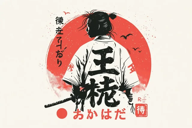 Back view of a samurai with a katana, silhouetted against a red sun, with Japanese calligraphy.