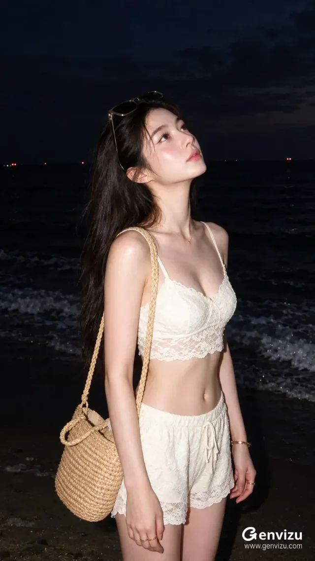 A photorealistic nighttime seaside portrait of a young East Asian woman standing by the dark water under direct on-camera flash.