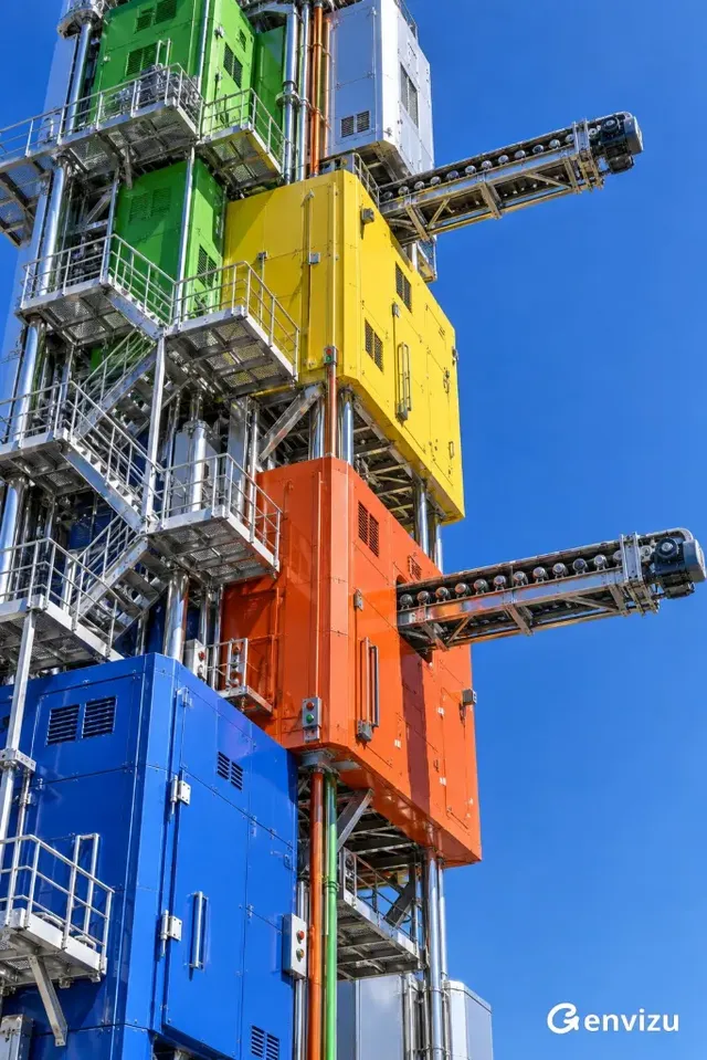 A hyperrealistic, low-angle shot of an asymmetrical, vertically extending module tower. Composed of interlocking rectangular metal modules in cobalt blue, crimson orange, lemon yellow, grass green, and silver-white, with sharp color boundaries and a subtle sheen. Features visible mechanical details like hinges, handles, ventilation holes, and maintenance platforms with ladders. Two short conveyor belts extend from the top. Thin orange and green pipes run vertically. The right side shows a clear, saturated blue sky with hard, sharp shadows and specular highlights.