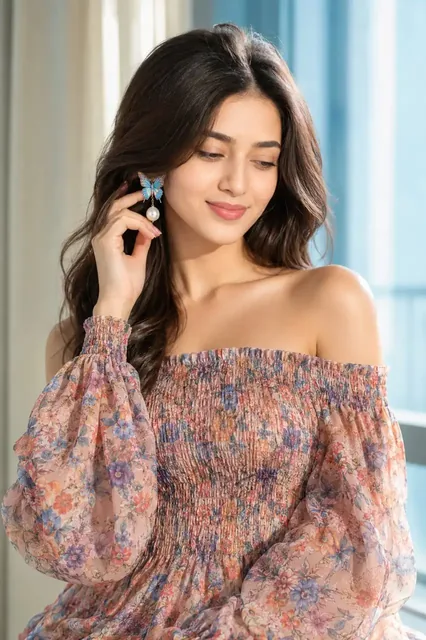 A hyper-realistic fashion portrait of a woman with porcelain glass skin and Korean makeup, wearing an off-shoulder floral smocked dress and touching her blue butterfly earrings.