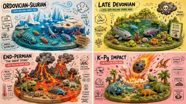 A 2x2 grid of images depicting four major extinction events in Earth's history, visualized as colorful, chunky clay dioramas with visible pencil sketch outlines and doodle elements.