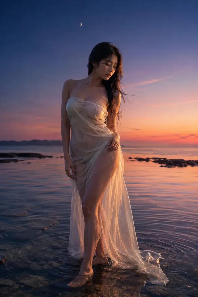 Full figure of a Korean woman standing barefoot in a shallow tidepool at dusk. She wears a sheer ivory dress and gazes distantly. A tranquil sea and gradient sky form the background.