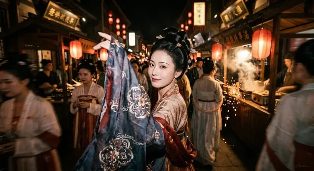 A voluptuous East Asian woman in Tang Dynasty attire smiles alluringly over her shoulder, walking through a bustling night market with red lanterns and motion-blurred figures.