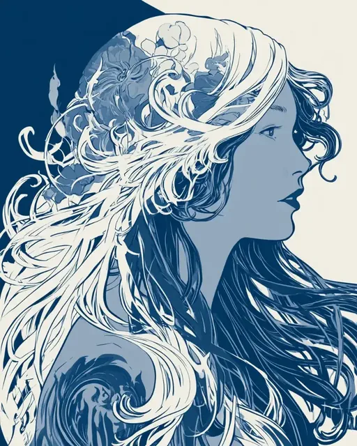 Art Nouveau illustration with flowing lines and organic shapes in a duotone color scheme.