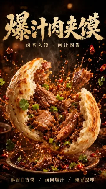 Collage of appetizing Chinese dishes like Roujiamo, Xiaolongbao, Hotpot, and Jianbing Guozi, with dynamic visual effects.