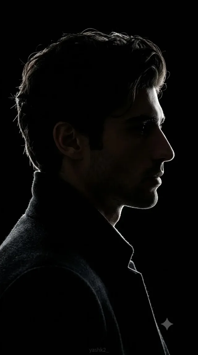 Dramatic, ultra-photorealistic profile portrait of a man in silhouette, with sharp white edge lighting highlighting his jawline and hair against a black background. No facial details are visible.