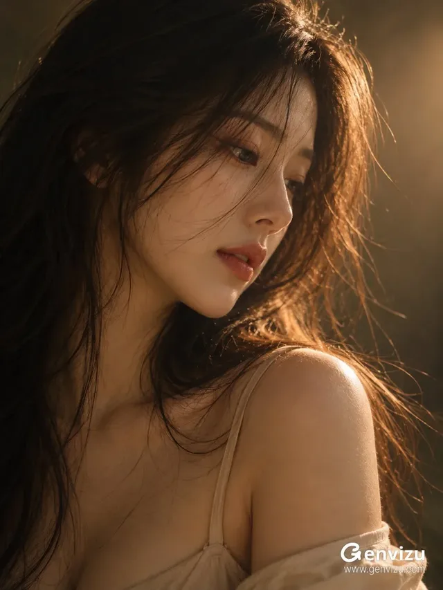 Intimate close-up portrait of an East Asian woman with dark tousled hair in warm low light, looking gently downward.