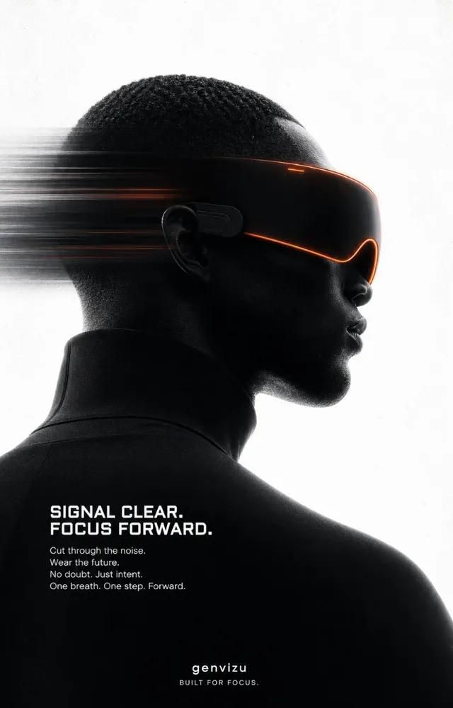 A vertical, minimalist poster with a Black man's profile silhouette in deep black, facing right, wearing a futuristic visor with an orange rim. Large white negative space dominates the right side. Text in white appears on the dark neck area.