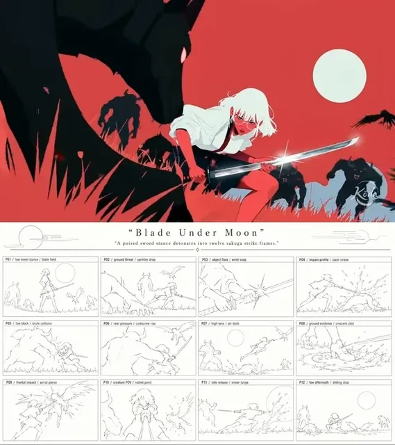 A stylized anime warrior with a glowing katana fights multiple monsters in a grassy field under a large moon, with dynamic motion lines and ink-blood effects.