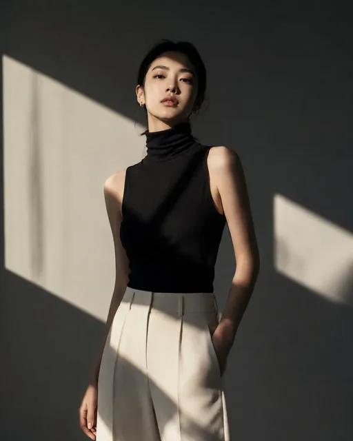 A young woman with a calm, confident expression stands in a minimalist grey studio. Hard, directional light creates sharp geometric shadows across her face, shoulders, and clothing, with similar abstract shadows on the background wall. She wears a simple black and white outfit.
