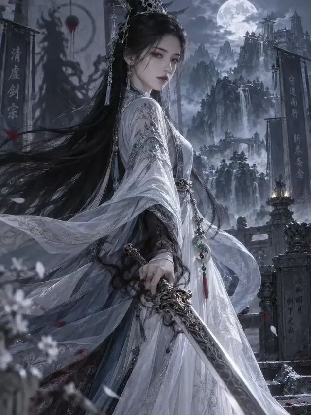 A young, beautiful East Asian female sword immortal stands on a mountain peak, her white and blue robes flowing. She holds a sword, her expression calm but intense. Subtle hints of dark red in her eye and faint dark patterns on her sleeve suggest a hidden, suppressed evil.
