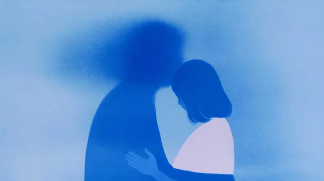 Silhouette of two figures embracing, with one figure casting a large, hazy shadow, rendered in a dreamy, blue-toned illustration style.