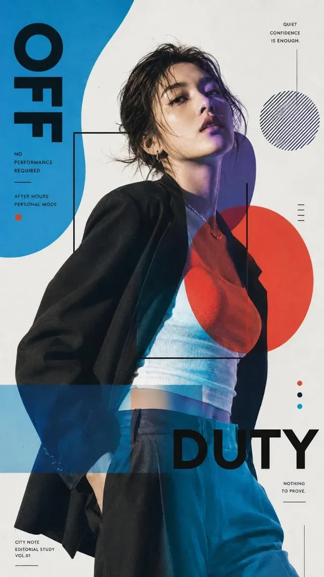 A visually striking editorial collage poster with a central portrait, vibrant geometric shapes, and bold typography, blending photographic realism with experimental color treatments.